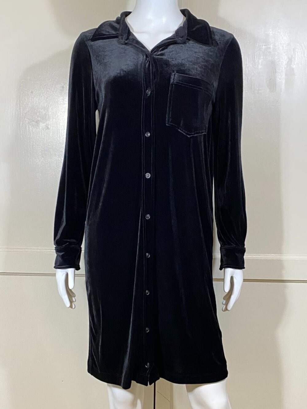 VINTAGE RALPH LAUREN Black Velvet Button Down Shirt-Dress Sz PP Petite Stretchy